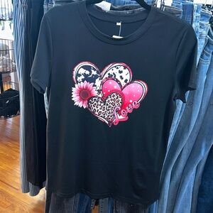 Chic Black Tee with Heart and Floral Design